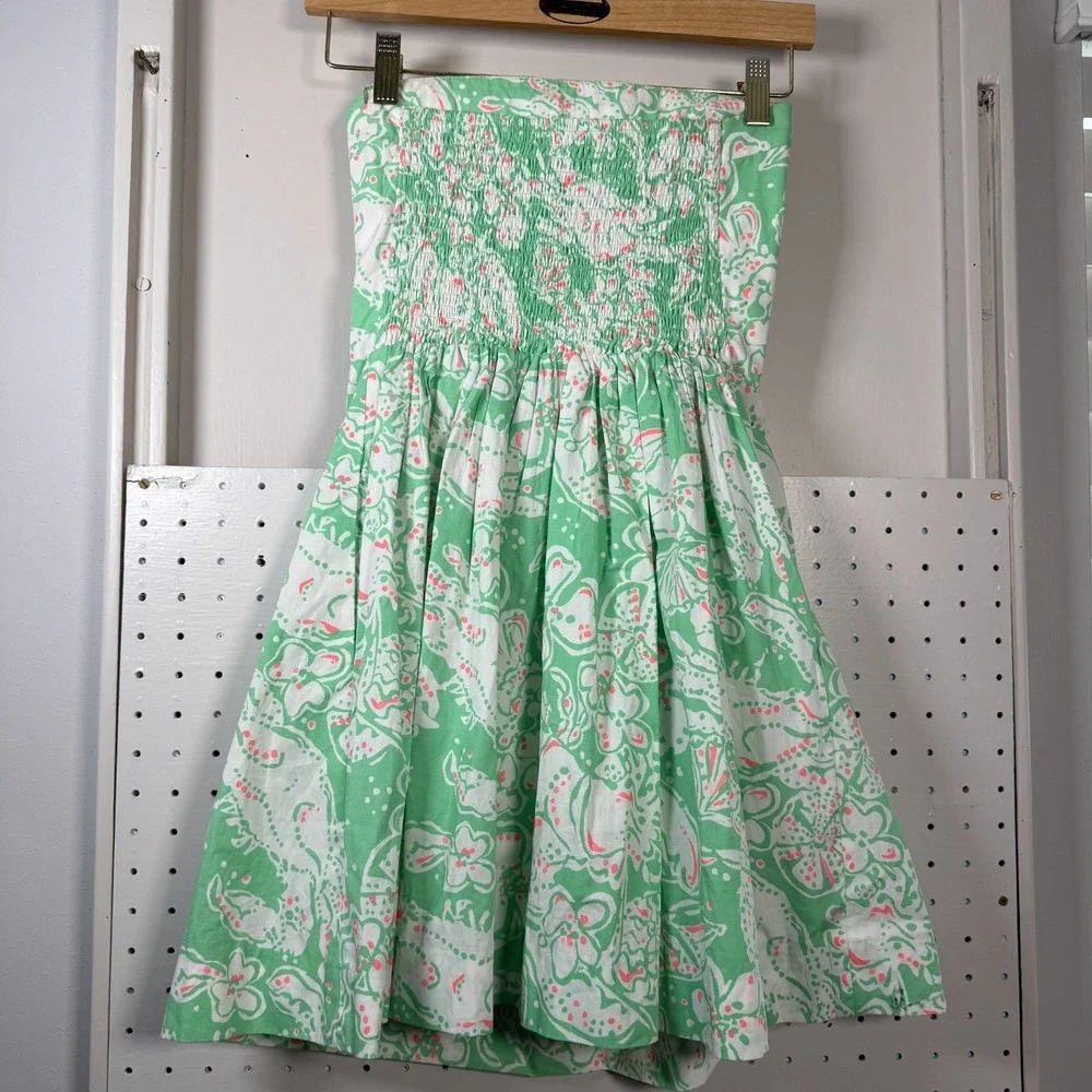 Lilly Pulitzer Strapless Dress Women's XS Green Floral Print Smocked Pleated - Picture 7 of 16